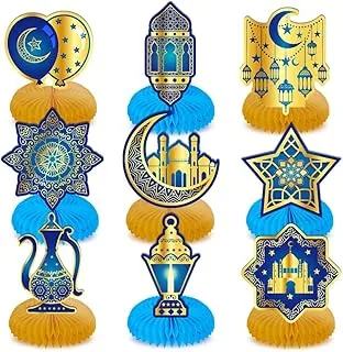 9pcs Ramadan Honeycomb Centerpieces Table Decorations Blue Gold Ramadan Mubarak Decorations, Ramadan Centerpiece Honeycomb, Ramadan Table Decor for Ramadan & Eid Party Supplies