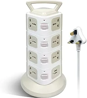 SKY-TOUCH Universal Power Extension Cord with 15 Outlets 2 USB Ports, Vertical Tower Power Strip with Surge Protection, 2M Extension Lead Charging Station with Switch Button