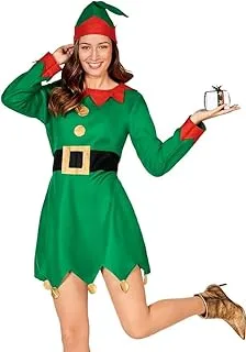 زي الأطفال البالغين من Mad Toys Christmas Elf، فستان أخضر مع حزام وقبعة، مقاس متوسط ​​المملكة المتحدة 12-14