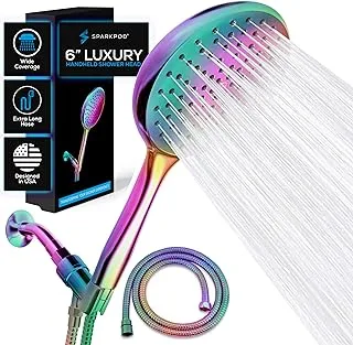 SparkPod High Pressure Handheld Shower Head with Hose- Huge 6-Inch Face- Rain Shower with Extra Long 6 ft. Hose and Premium Adjustable Bracket- Luxury Design (One Function, Rainbow)