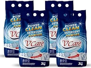 Vcare Power Clean Laundry Detergent Powder 3kg Pack of 4- Effortless Stain Removal - Removes Odour and Provides Ultra Whitening with a Refreshing Scent- 12kg