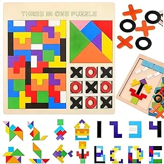 ECVV Wooden Block Puzzle | 3 In 1 Toy Pattern Puzzle | Children's educational wooden toys Wooden puzzle Tetris tangram for child Jigsaw blocks table game board