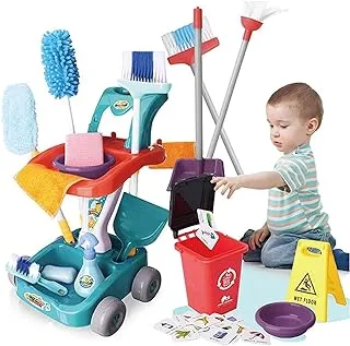 Kids Cleaning Set 22 PCS Pretend Play Detachable Housekeeping Cart with Broom,Dust Pan,Spray Bottle Children House Cleaning Tools Toys,Kids Broom and Mop Set for Ages 3+