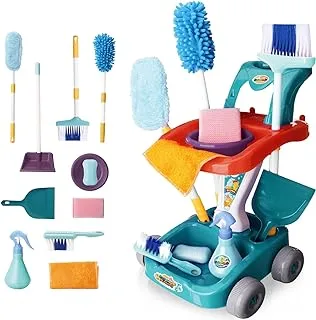 deAO Kids Cleaning Set 12 PCS Pretend Play Detachable Housekeeping Cart with Broom,Dust Pan,Spray Bottle Children House Cleaning Tools Toys,Kids Broom and Mop Set for Ages 3+