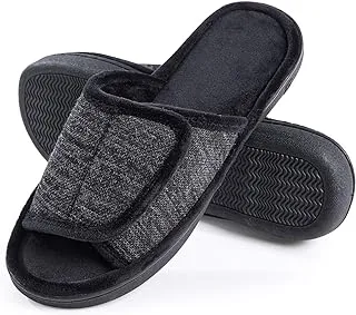 DL Adjustable Mens Slippers Memory Foam, Open Toe House Slippers for Men Indoor Outdoor, Breathable Slide Bedroom Slippers for Men Anti-Slip Rubber Sole Black Gray Navy Brown