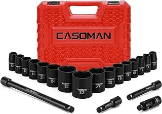 CASOMAN 1/2-Inch Drive Shallow Impact Socket Set, Metric, 10mm-32mm, CR-V, 6-Point, 20-Piece 1/2