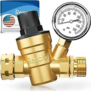 Renator M11-0660R Water Pressure Regulator Valve. Brass Lead-free Adjustable Water Pressure Reducer with Gauge for RV Camper, and Inlet Screened Filter