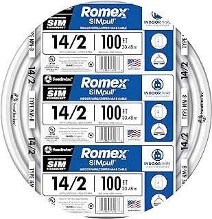 Southwire 28827423 100 '14/2 مع سلك كهربائي داخلي ماركة Romex SIMpull من النوع NM-B، أبيض