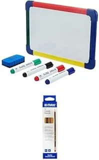 Maxi 2 Sided Dry Wipe Whiteboard A4 20X30Cm,4Pc Markers,Dry Wipe Eraser + Pencil HB With Rubber Tip Box of 12 Black