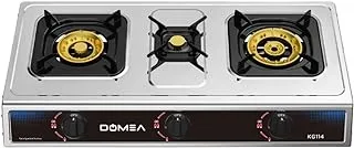 DOMEA Stainless Steel Gas Burner With Auto Ignition | 3 Burners Stove, Brass Burner With Conveniet Pot Holder, 60% Gas Save, Perfect For Home, Apartments, Parties|Table Top, Portable