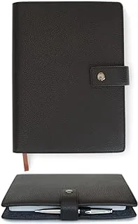 Full Grain Premium Leather Refillable Journal Cover with A5 Lined Notebook, Pen Loop, Card Slots, Brass Snap by Case Elegance black