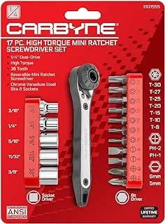 Carbyne 17 Piece Right Angle Offset Mini Ratchet Wrench Screwdriver, 1/4 Inch Dual-Drive Head | Bit Set & Sockets • From a Family-Run Tool Company Based in the U.S.A.