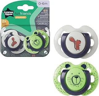 Tommee Tippee Fun Style Soothers for Newborns, Symmetrical Orthodontic Design, BPA-Free Silicone Baglet, Includes Steriliser Box, 0-6m, Pack of 2 Dummies, Green