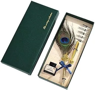 SKY-TOUCH Peacock Feather Pen Set: Nice Quill Pen with Metal Pen Handle Cool Calligraphy Pens with Nib Holder Dip Pen for Journaling Gift Desk Decor