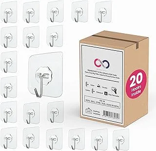 BRANDSFINITY Heavy Duty Self Adhesive Clear Hooks Pack of 20 Transparent Hooks For Hanging Bags, Utensils, Mirror, Jackets, Large Clock Holds Upto 8kg