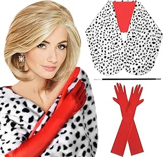 DEKWELL Cruella Deville Costume Women Dalmation Shawl 1920s Gloves and Holder for Adult Halloween Costumes