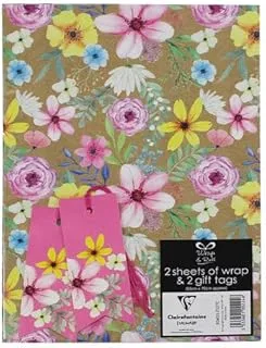 Wrap & Roll Floral 2 Sheet 2 Tag: لفة ورق تغليف متينة - مادة تغليف قابلة للتخصيص - اختيار تغليف هدايا صديق للبيئة - حل مناسب لتغليف الهدايا