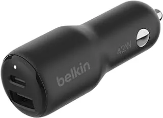 شاحن سيارة مزدوج Belkin BoostCharge بقدرة 42 وات مع شحن سريع USB-C 30 وات PPS ومنافذ USB-A بقدرة 12 وات لهواتف Apple iPhone 15 و15 Pro و15 Pro Max وiPhone 14 Series وiPhone 13 Series وSamsung Galaxy S23 والمزيد - أسود