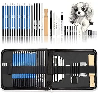 KALOUR 33 Pieces Pro Drawing Kit Sketching Pencils Set,Portable Zippered Travel Case-Charcoal Pencils, Sketch Pencils, Charcoal Stick,Sharpener,Eraser.Art Supplies for Artists Beginner Adults Teens