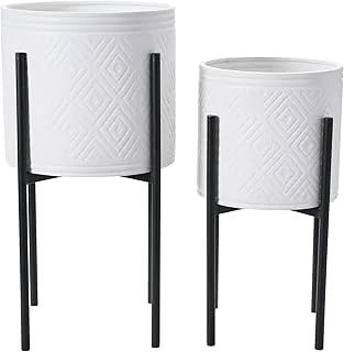 Set of 2 Modern Boho Embossed Metal Planters with Stand