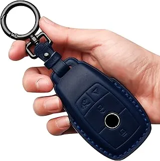 Tukellen لسيارة Mercedes Benz Key fob غطاء جلد طبيعي مع سلسلة مفاتيح، حافظة مفاتيح واقية من الجلد متوافقة مع Mercedes Benz 2017-2021 E-Class 2018-2021 S-Class 2019-2021 A-Class C-Class G-Class-Blue