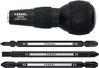 VESSEL Interchangeable Ball Grip Screwdriver Set with 1/4” Hex. Bit | Includes 3 Bits: +1, 3/+2, -6/PZ2, PZ3