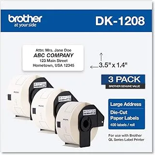 Brother Genuine DK-1208 Die-Cut Large Address Labels, Long Lasting Reliability, Die-Cut Large Address Paper Labels, 400 Labels per Roll, (1) Roll per Box - DK1208, White (DK12083PK)