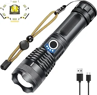 Rechargeable Led Flashlight High Lumens, 90000 High Lumens Tactical Flashlights, P70.2 LED Super Bright Flashlight with 26650 Batteries& USB, Zoomable, 3 Modes, Waterproof Flashlight for Emergencies