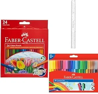 Faber-Castell COLOUR PENCILS 24 COLOUR + Plastic Slim Ruler 12-Inch + Colour Marker Pen 20-Pieces