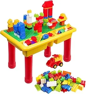 burgkidz Kids 2-in-1 Block Table with Baseplate Board and 68 Piece Large Building Blocks, Children Educational Toy Classic Big Building Bricks Desk, Primary Colors