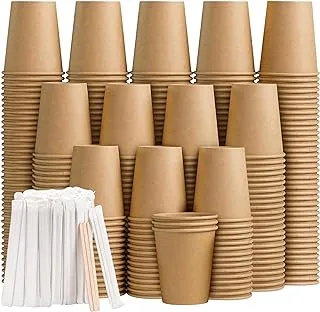 Double Wall Kraft Paper Cups 8 Oz (100 Pcs Box Pack With 25 Wrapped Coffee Stirrers) Thick Brown Disposable Coffee Cups for Hot And Cold Drinks - 8 Oz Paper Cups Box Pack