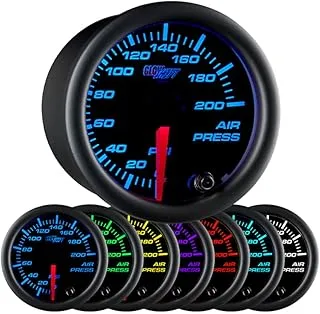 GlowShift Black 7 Color 200 PSI Mechanical Air Pressure Gauge - for Air Ride Suspension Systems - Black Dial - Clear Lens - 2-1/16