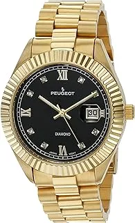 Peugeot 14K Gold Plated Diamond Luxury Dress Watch with Fluted Bezel and Calendar