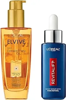 L'Oreal Paris Pure Retinol Night Serum 30ML + L'Oréal Paris Elvive Extraordinary Oil Serum For Dry Hair, 100 ml, Gold