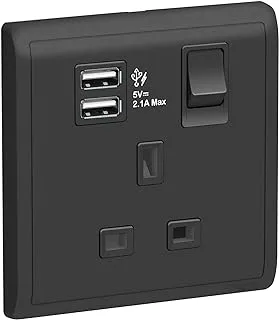 Schneider Electric Pieno, 1 Gang, Power Socket-Outlet + USB Charger, 13A, 2.1A USB, Matte Black, E8215USB_MB_G12