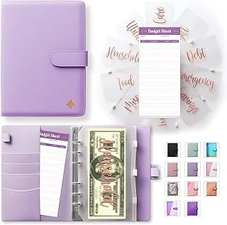 SOUL MAMA Budget Binder with Zipper Envelopes - Purple Money Organizer for Cash, A6 Binder Cash Envelopes for Budgeting, Money Saving Binder with Rose Gold Pre-Printed Stickers