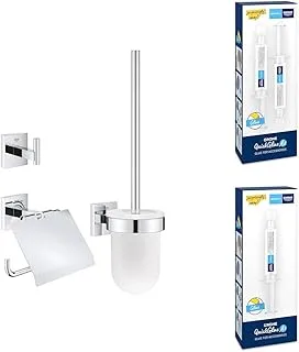 GROHE Start Cube Bathroom Accessories 3-in-1 Set with Glue | Quickfix |Screw or Glue |No Drill Option|Robe Hook + Toilet Paper Holder + Toilet Brush + Glue