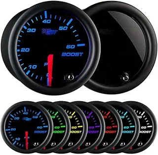 GlowShift Tinted 7 Color 60 PSI Turbo Boost Gauge Kit - Includes Mechanical Hose & Fittings - Black Dial - Smoked Lens - For Diesel Trucks - 2-1/16