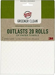 Scotch-Brite Greener Clean Reusable Sponge Cloths, 2 units/pack | Quickly soaks up any liquid | Wipes like a cloth, absorbs like a sponge | Kitchen cloth | Cleaning cloth | Sponge cloth | Recycled