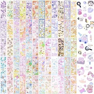 HINZIC 60 Sheets Korean Stickers Kpop Deco Stickers for Photocard Self Adhesive Colorful Stickers Cute Korean Stickers with Rabbit Bear Flower Cake for DIY Arts Craft Cards Scrapbooking Gift