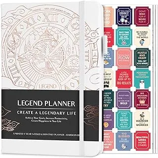 Legend Planner - Deluxe Weekly & Monthly Life Planner to Hit Your Goals & Live Happier. Organizer Notebook & Productivity Journal. A5 Hardcover, Undated - Start Any Time + Stickers - White Gold