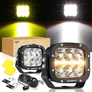 مصابيح الطرق الوعرة LED من Auxbeam مع كهرمان DRL، 5 بوصات 132 وات متعددة الألوان LED للضباب مع أغطية صفراء، فائقة السطوع 15600LM بقعة فيضان كومبو ضوء بار مربع أضواء LED مكعبة للمركبات على الطرق الوعرة