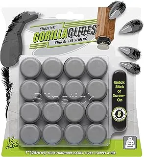 GorillaGlides 1 Inch Chair Sliders/Floor Protectors (16 Furniture Glides) Screw-On or Self-Adhesive, for Sliding on Carpet & Hard Surface Floors, Round, CB253-16