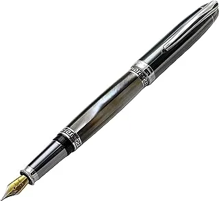 Xezo Handmade Platinum Plated Medium Fountain Pen, Tungsten Metallic Finish (Maestro Black MOP Tungsten FPL). No Two Alike