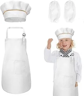 Mumoo Bear Kids Chef Hat Apron Sleeves Set Adjustable Apron with 2 Pockets Kids Chef Outfit for 5-12 Years Old Kids Painting Cooking Baking Gardening at Home Kitchen School Outdoors (White, Large)