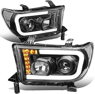 DNA MOTORING HL-LB-TT07-BK-CL1 Pair LED DRL Tube+Turn Signal Projector Headlight Set Compatible with Toyota Sequoia 08-17 / Tundra 07-13,Black/Clear