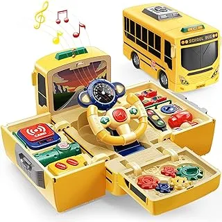 Geyiie School Bus Toys, Bus Toys with Sounds and Lights, Push Pull Toy Transforming Cars, Steering Wheel Driving Toys for Preschool Pretend Play Car Toys Party Gifts for Toddler Boys Girls 3-5