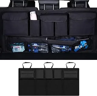 ECVV Car Trunk Back Seat Organizers, Backseat Storage Hanging Bag, Foldable Tidy Rear Seat Net for Groceries with Multi Pockets Net Mesh Pouches Adjustable Buckle Straps for SUV Truck Jeep Cargo