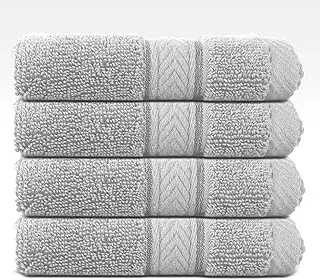 Hotel Linen Klub LUXURY PACK of 4 Face Towel - 100% Cotton 650 GSM Terry Dobby Border Ring Spun - Super Soft,Quick Dry,Highly Absorbent,Size: 30x30cm, Silver