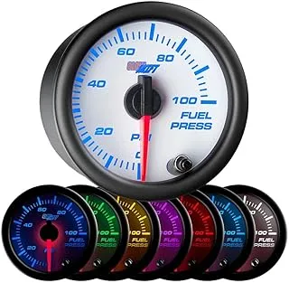 GlowShift White 7 Color 100 PSI Fuel Pressure Gauge Kit - Includes Electronic Sensor - White Dial - Clear Lens - for Car & Truck - 2-1/16